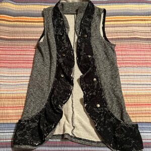 Vanity Women's Vest Gray Black Lace Button Up Sleeveless Cardigan M Medium